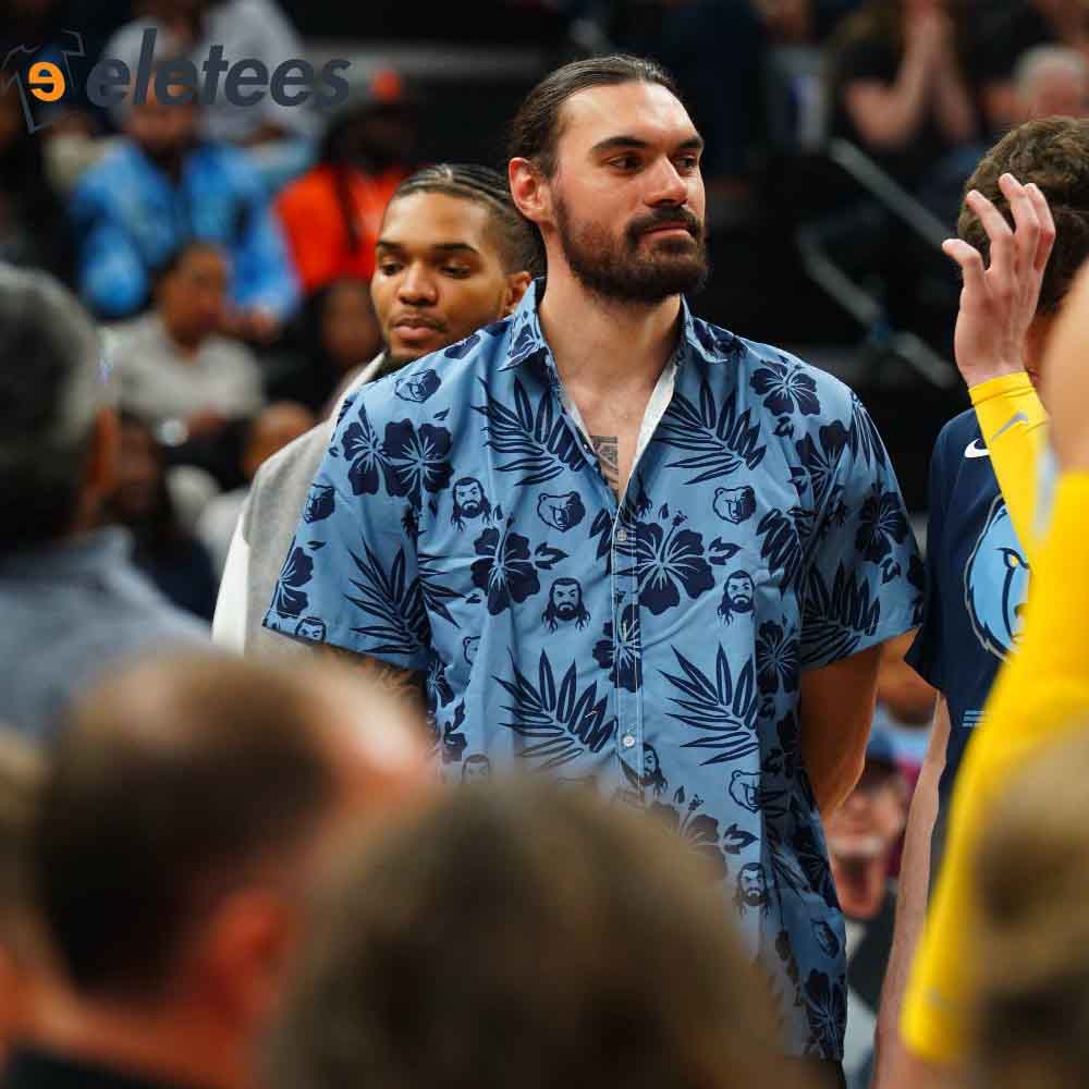 Steven Adams wearing Hawaiian shirt with his face on it on Grizz bench 🤣