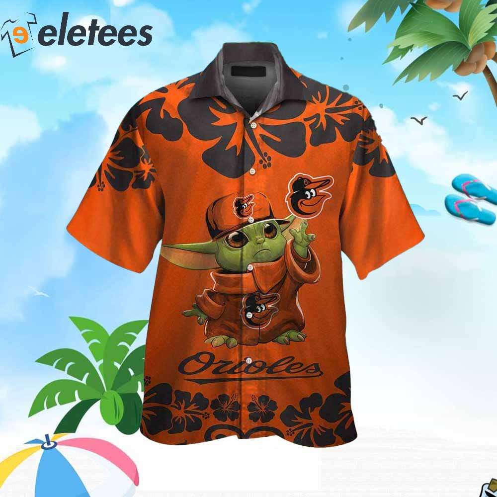 Eletees Baltimore Orioles Baby Yoda Hibiscus Flower Hawaiian Shirt