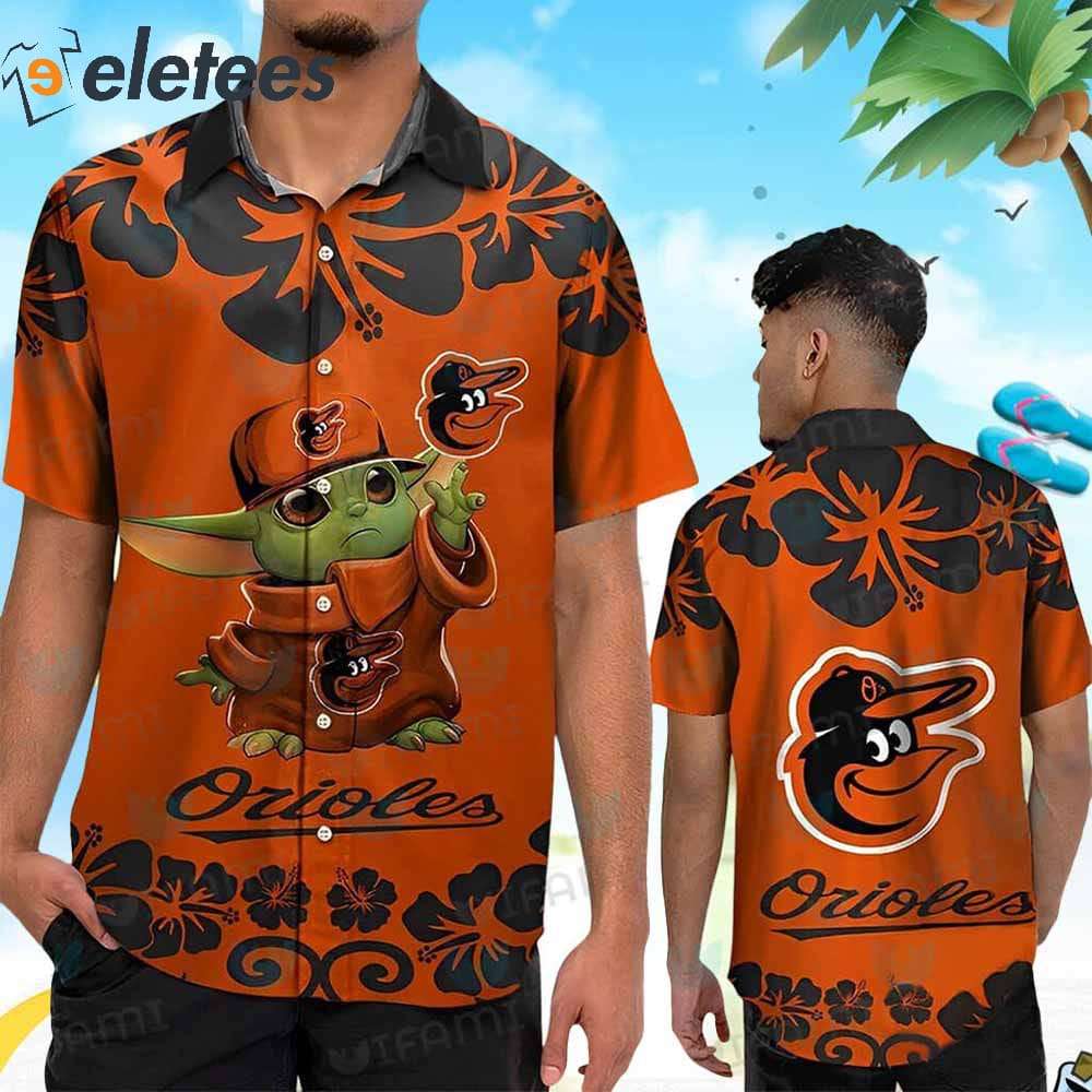Eletees Baltimore Orioles Baby Yoda Hibiscus Flower Hawaiian Shirt