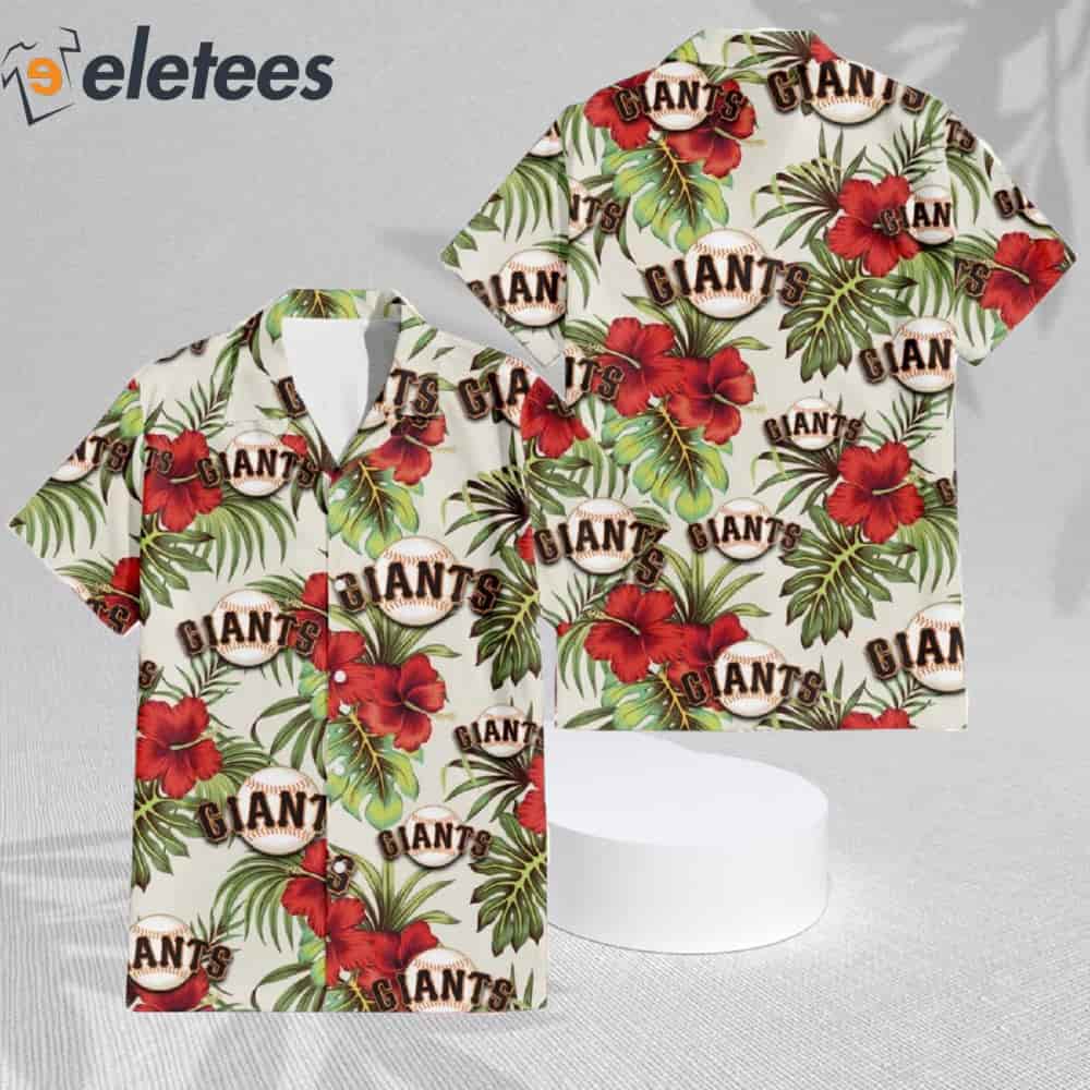 San Francisco Giants Red Hibiscus Green Tropical Leaf Cream Background Hawaiian  Shirt