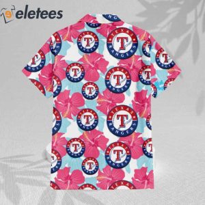 Texas Rangers Pink Hibiscus Green Leaf Blue Background Hawaiian Shirt