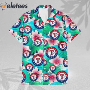 Texas Rangers Pink Hibiscus Green Leaf Blue Background Hawaiian Shirt