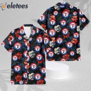 Texas Rangers Pink Hibiscus Green Leaf Blue Background Hawaiian Shirt