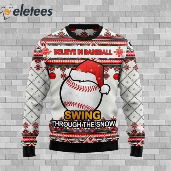 Baseball Swing Through Snow Ugly Christmas Sweater