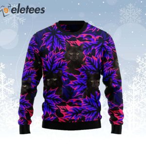 Black Cat And Purple Leaves Ugly Christmas Sweater 1