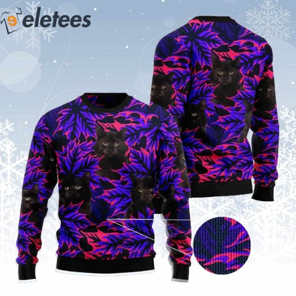 Black Cat And Purple Leaves Ugly Christmas Sweater