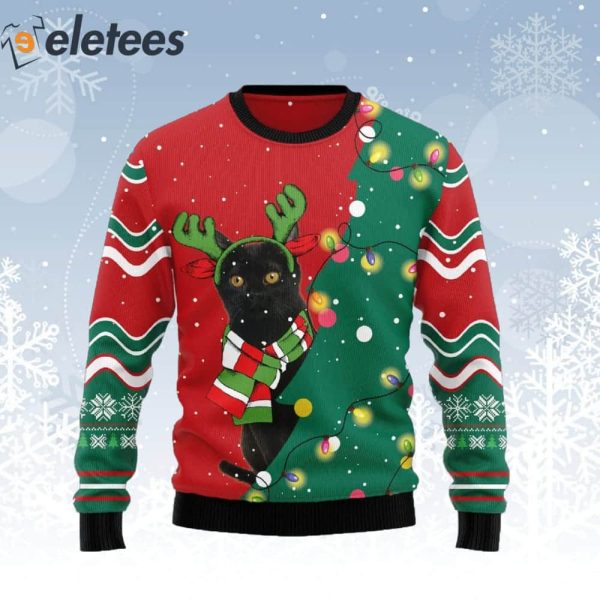 Black Cat Reindeer Christmas Tree Ugly Christmas Sweater