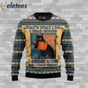 Black Cat Read Books Drink Wine Ugly Christmas Sweater 2