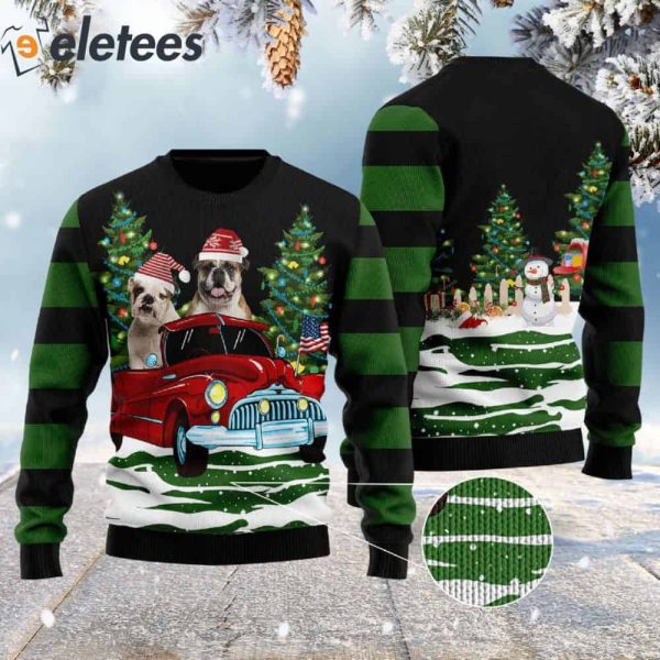 Bulldog In The Red Car Ugly Christmas Sweater
