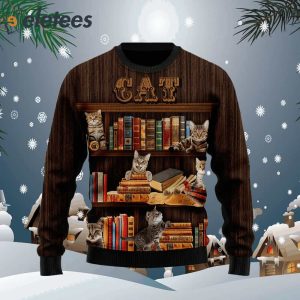 Cat Bookcase Ugly Christmas Sweater