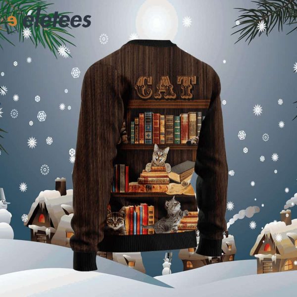 Cat Bookcase Ugly Christmas Sweater