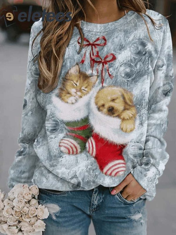 Holiday Sock Kitten Puppy Printed Swaetshirt