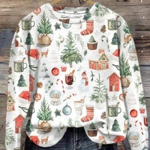 Retro Christmas Tree Snowman Watercolor Painting Print Sweatshirt