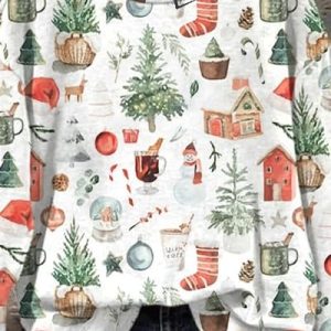 Retro Christmas Tree Snowman Watercolor Painting Print Sweatshirt2