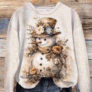 Retro Floral Snowman Crew Neck Sweatshirt