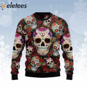 Skull Sugar Flower Ugly Christmas Sweater 1