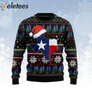 Texas Bluebonnet Map Santa Hat Ugly Christmas Sweater 1