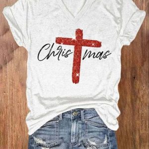 V-neck Retro Christmas Faith Cross Print Shirt