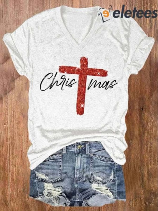 V-neck Retro Christmas Faith Cross Print Shirt