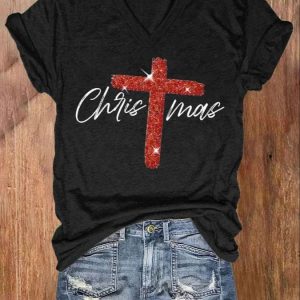 V neck Retro Christmas Faith Cross Print Shirt 2