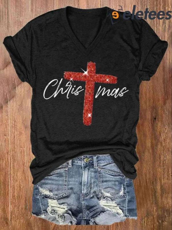 V-neck Retro Christmas Faith Cross Print Shirt