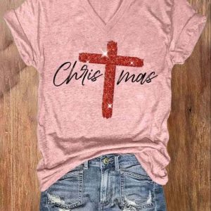 V neck Retro Christmas Faith Cross Print Shirt 3