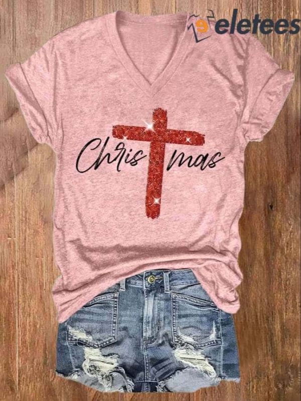 V-neck Retro Christmas Faith Cross Print Shirt