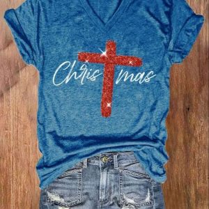 V neck Retro Christmas Faith Cross Print Shirt 4