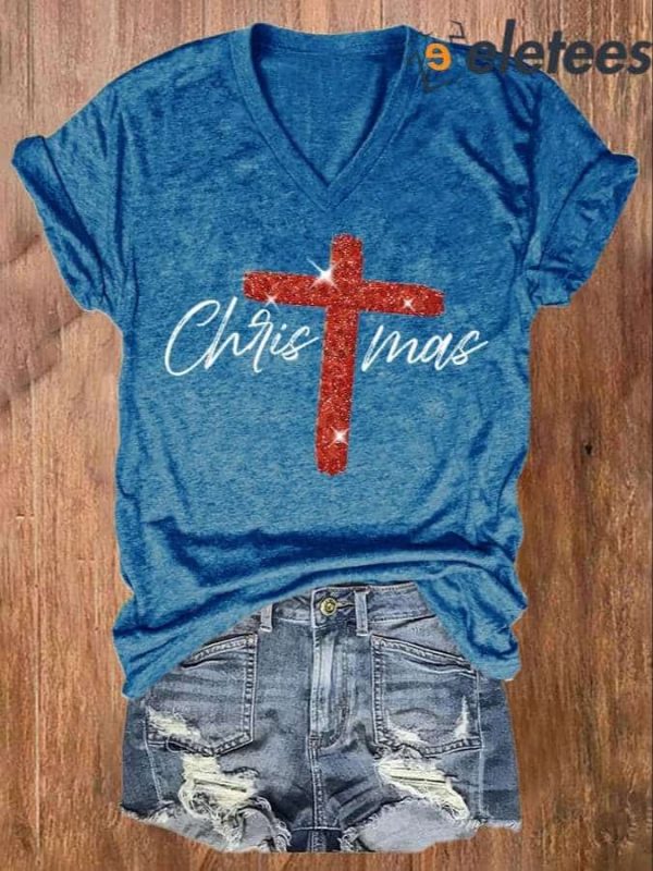 V-neck Retro Christmas Faith Cross Print Shirt