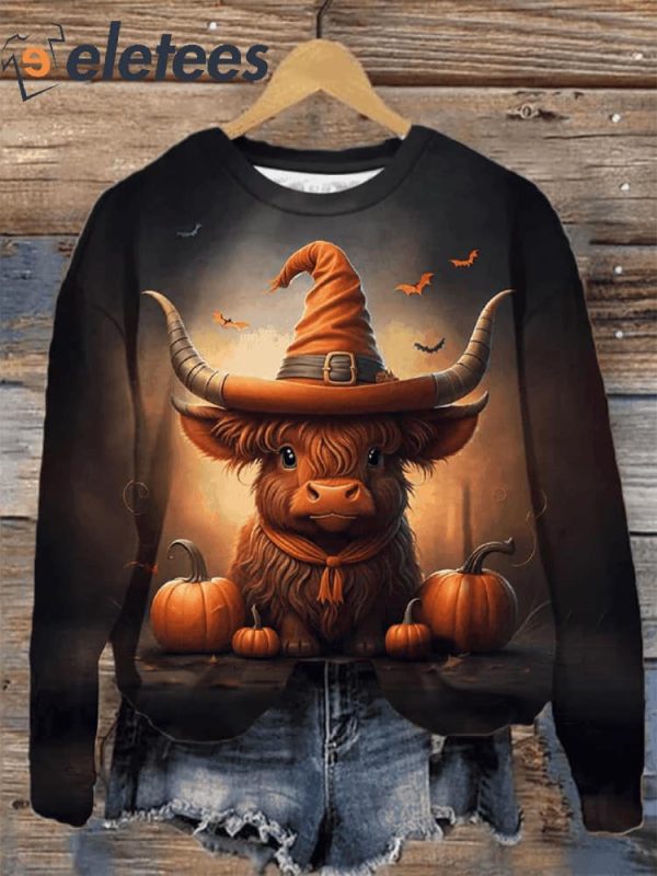 Witches Hat Highland Cow Print Sweatshirt