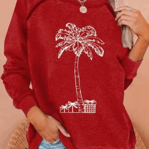 WomenS Casual Christmas Palm Tree And Gift Sweatshirt
