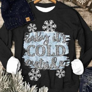 Womens Baby Its Cold Outside Silver Glitter Snowflakes Sweatshirt2