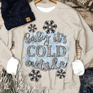 Womens Baby Its Cold Outside Silver Glitter Snowflakes Sweatshirt3