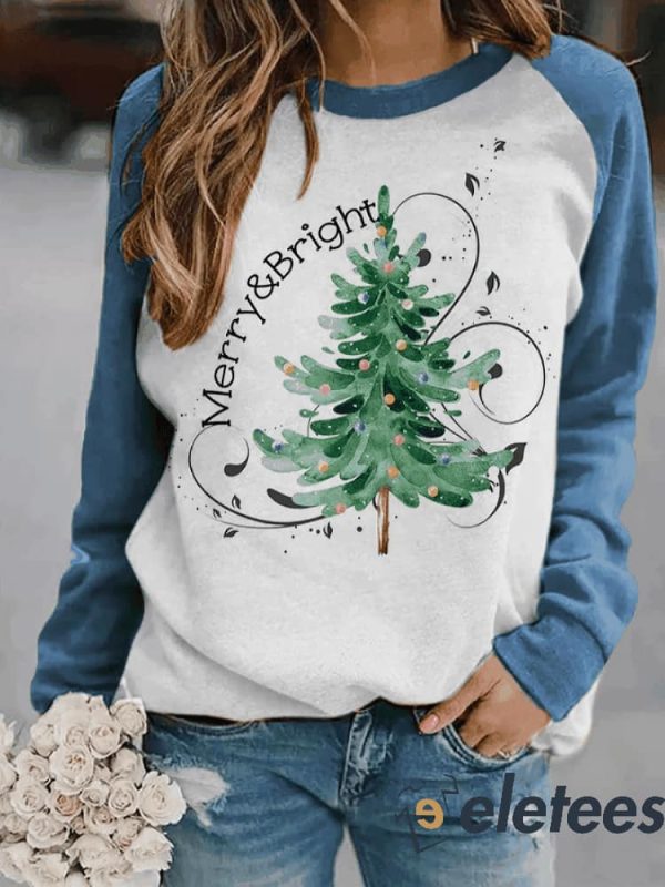 Women’s Blue Merry And Bright Christmas Tree Sweatshirt