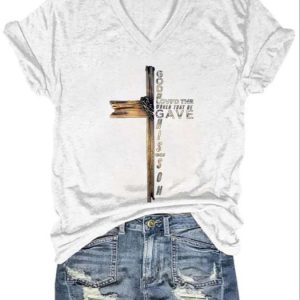 Womens Casual God So Loved The World That He Gave His Only Son Printed Short Sleeve Shirt 2