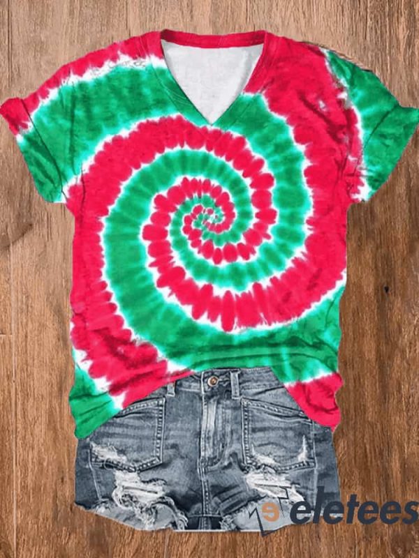 Women’s Christmas Red And Green Tie-Dye Shirt