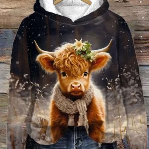 Womens Cute Baby Highland Cow Print Hoodie 1