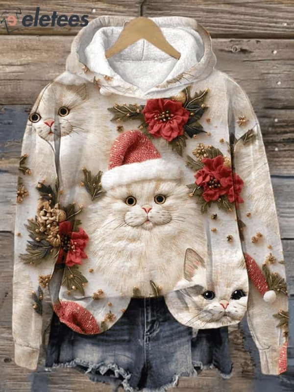 Women’s Cute Christmas Cat Print Hoodie