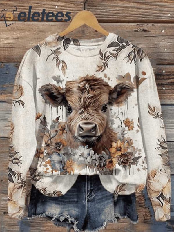 Women’s Floral Highland Cow Print Long Sleeve Sweatshirt