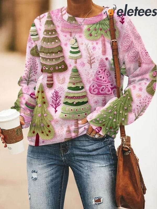 Women’s Pink Christmas Tree Print Sweatshirt