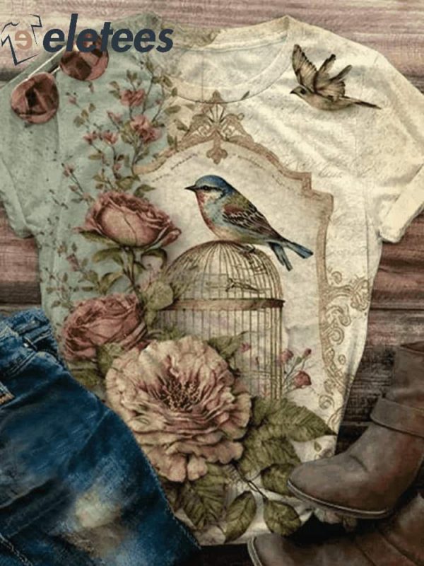 Women’s Retro Floral Bird Print Shirt