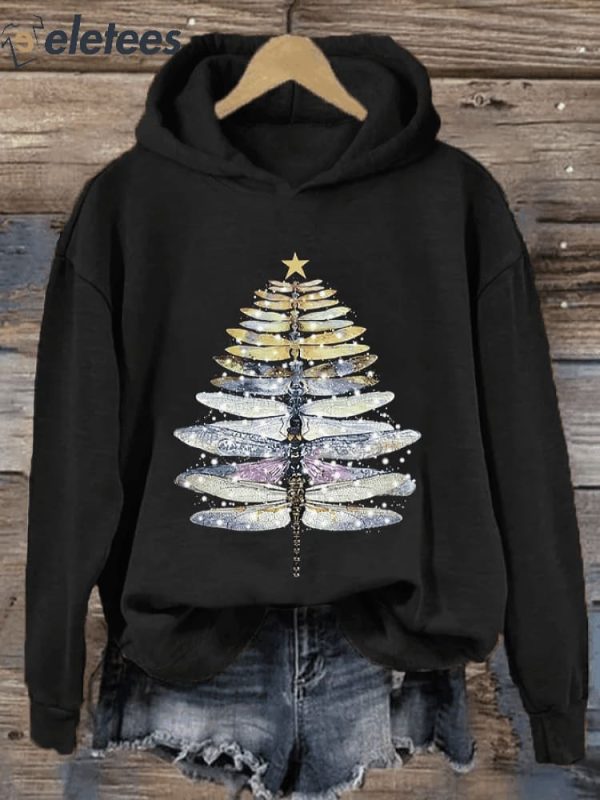 Women’s Shiny Dragonfly Christmas Tree Casual Hoodie
