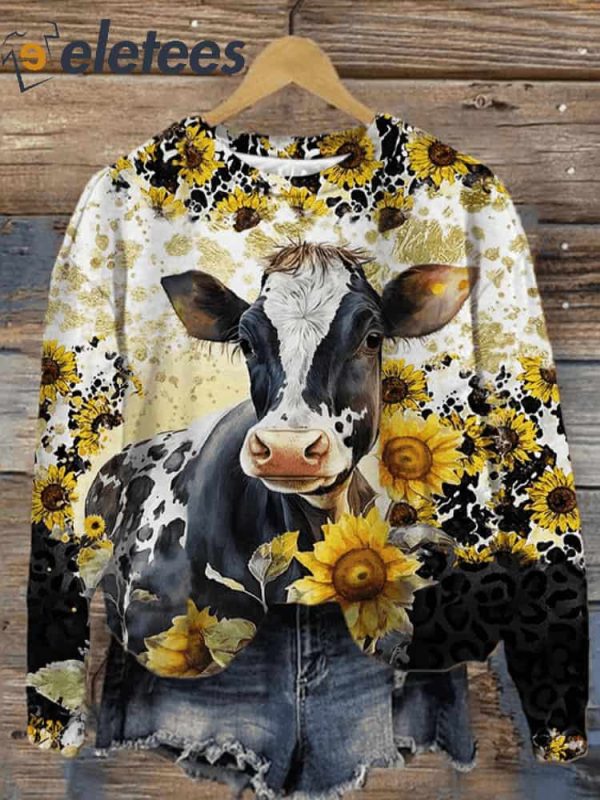 Women’s Sunflower Cow Print Casual Sweatshirt