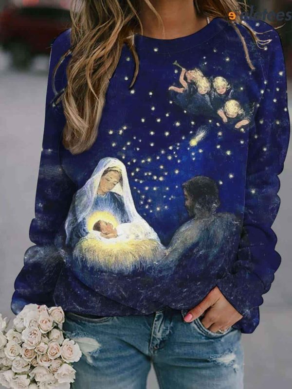 Women’s Vintage Nativity Christmas Print Casual Sweatshirt