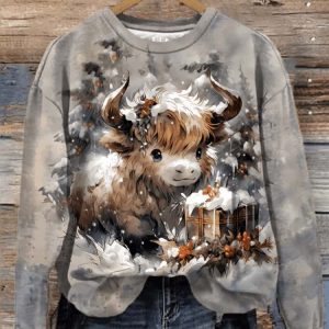 Women’s Winter Highland Cow Print Round Sweatshirt