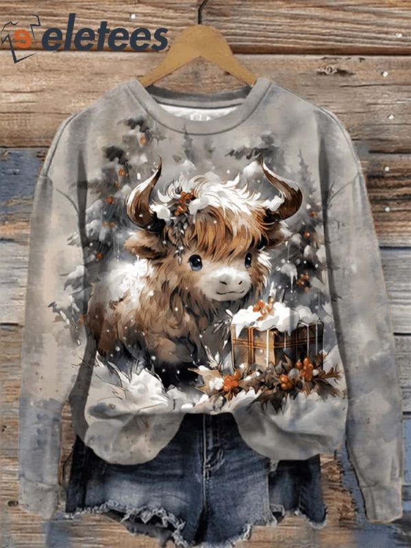 Women’s Winter Highland Cow Print Round Sweatshirt