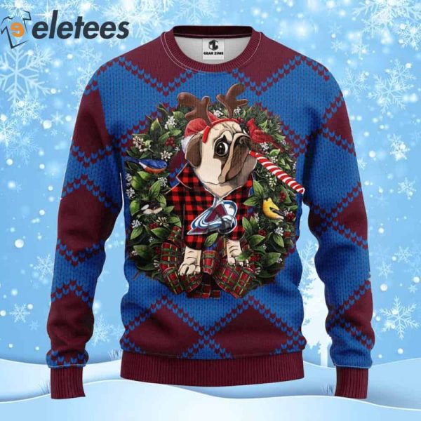 Avalanche Hockey Pug Dog Ugly Christmas Sweater