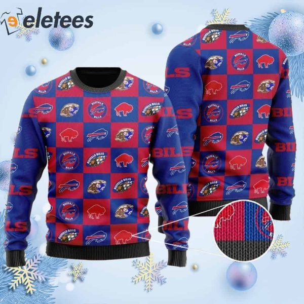 Bills Logo Checkered Flannel Design Knitted Ugly Christmas Sweater