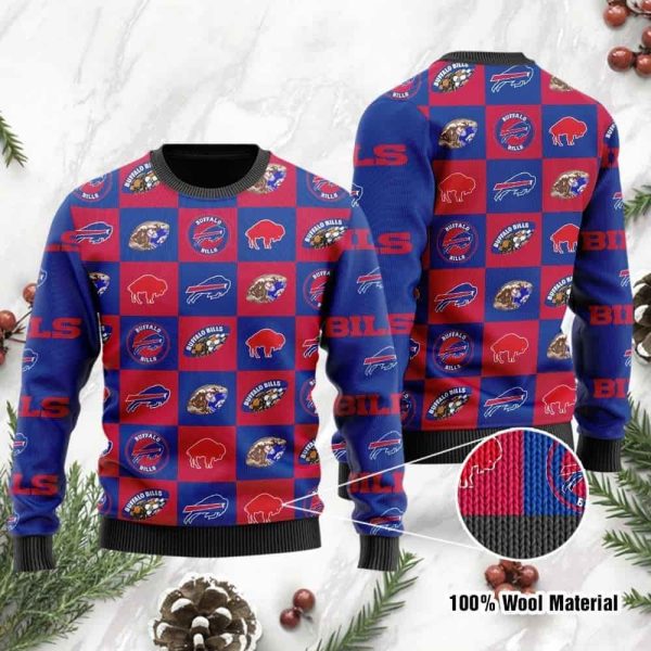 Bills Logo Checkered Flannel Design Knitted Ugly Christmas Sweater