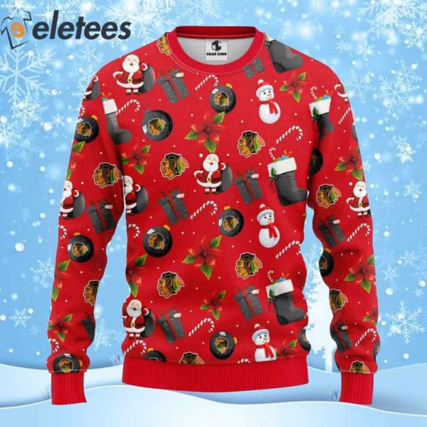 Blackhawks Hockey Santa Claus Snowman Ugly Christmas Sweater